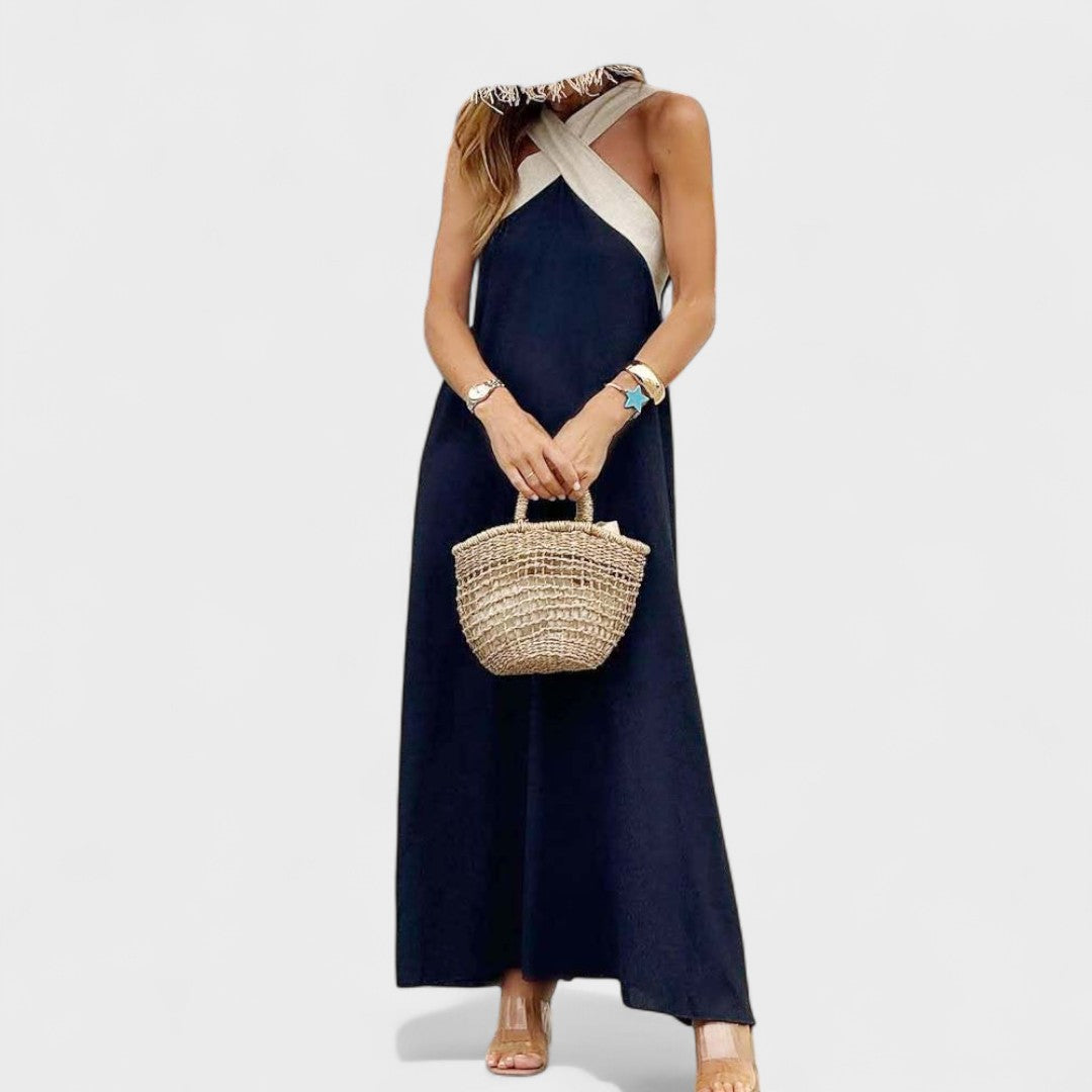 Sue™ | Elegant Cross-Neck Maxi Dress