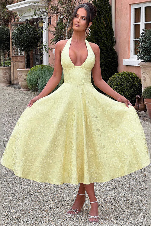Genevieve™ | V-Neck Halterneck Sleeveless Jacquard Maxi Dress