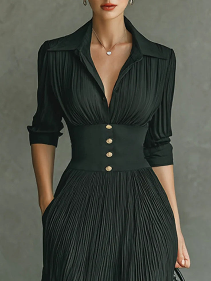 Lindsay™ | Elegant Pleated Lapel Waist Maxi Dress